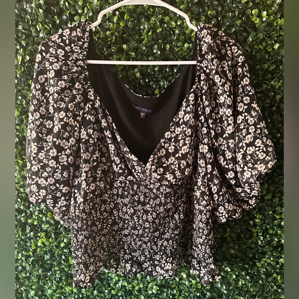 Black and Ivory Floral Print Smocked Blouse
